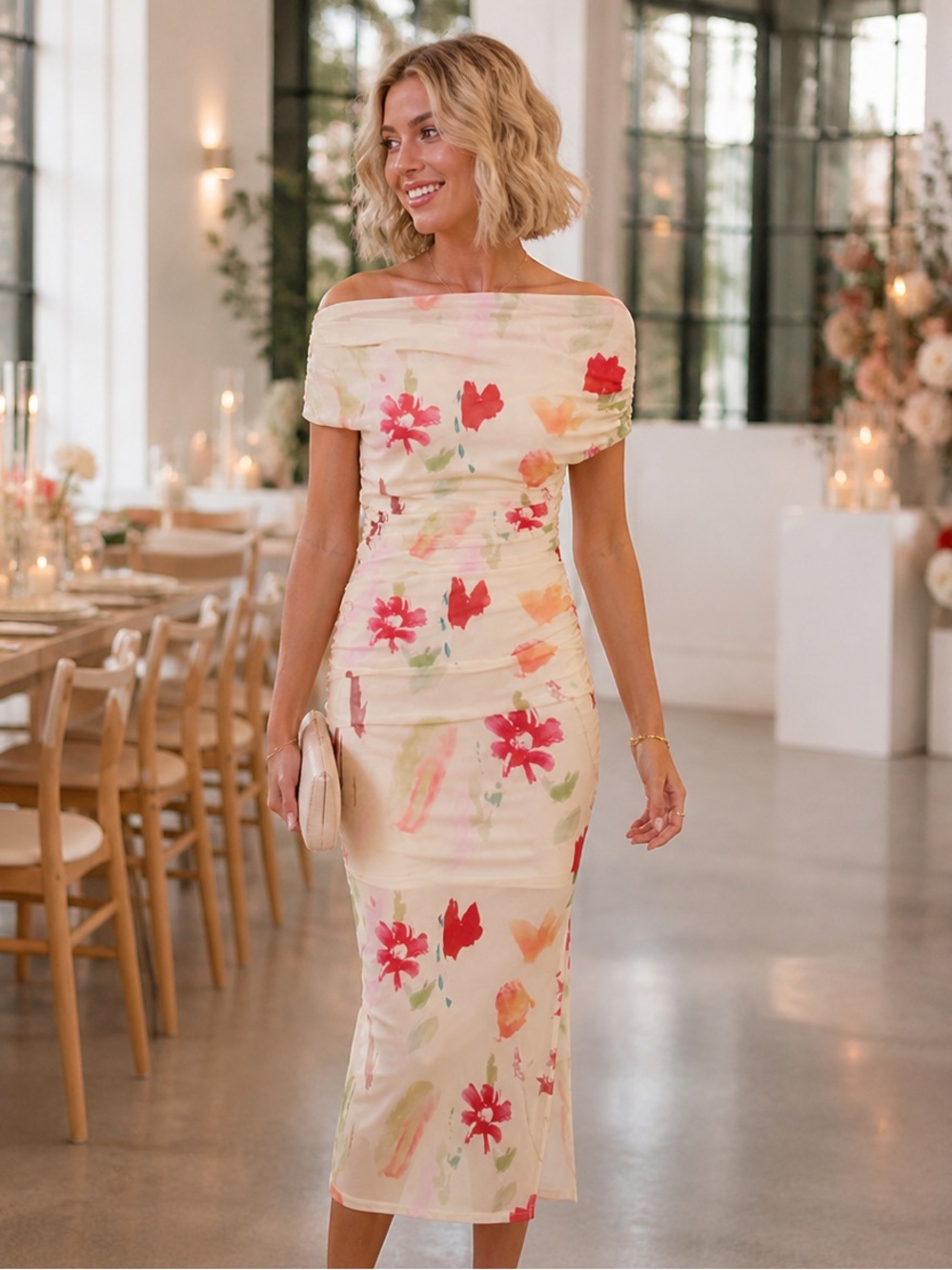 Floral Off Shoulder Midi Dress XS Ruched Mesh Stretch Romantic Slit Hem